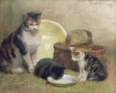 Gato e gatinhos, 1889 (pastel) de Walter Frederick Osborne